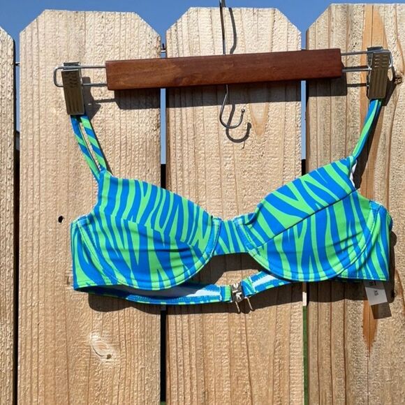 Take 50% OFF- Vibrant Blue and Green Zebra Print Bikini Top Only, Size-XS - Picture 1 of 6